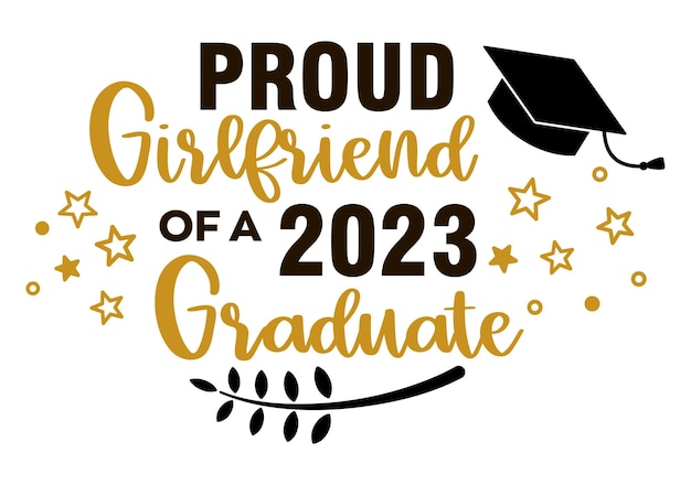 Vector orgullosa novia de un graduado de 2023 inscripción de caligrafía de moda con sombrero negro