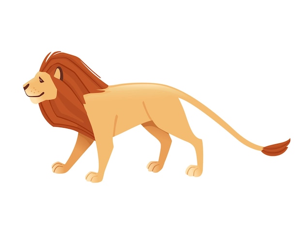 Orgulloso poderoso lindo león personaje dibujos animados estilo animal diseño plano vector ilustración aislado sobre fondo blanco