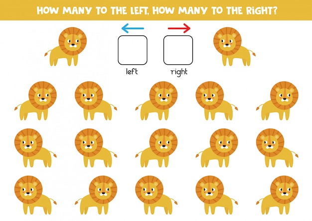 Orientación espacial para niños. Izquierda o derecha. Cute dibujos animados de leones.