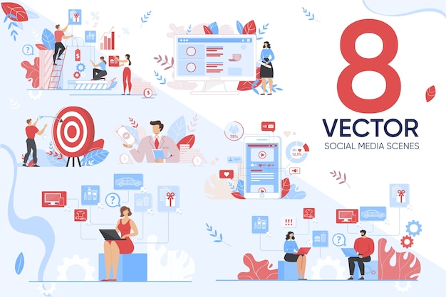 Vector orientación de marketing en el conjunto de escenas de redes sociales