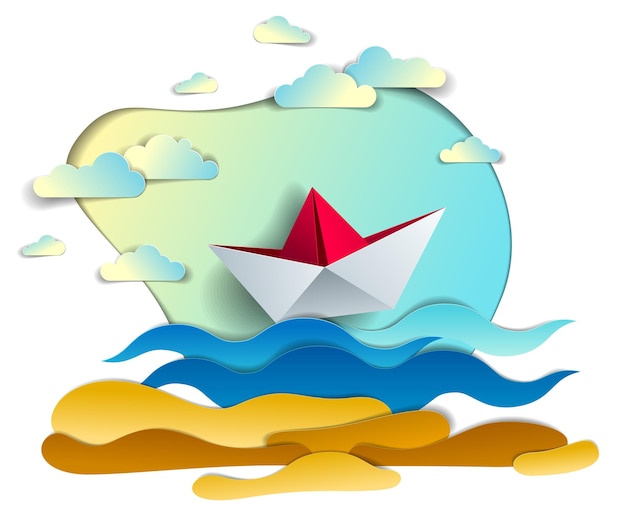 Vector origami barco de papel juguete nadando en las olas del océano hermosa ilustración vectorial de paisaje marino pintoresco con un barco de juguete flotando en el mar y nubes en el cielo viaje acuático vacaciones de verano