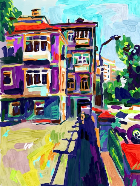 Vector original plein air pintura al óleo digital ciudad vieja calle en verano impresionismo moderno