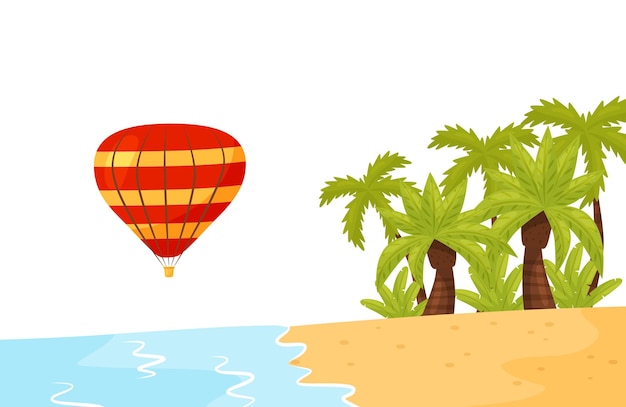 Orilla de una isla tropical globo aéreo en el aire Paisaje de verano con palmeras arena y agua azul del océano Playa de arena Tema de viaje Ilustración vectorial plana colorida para póster de agencia de turismo
