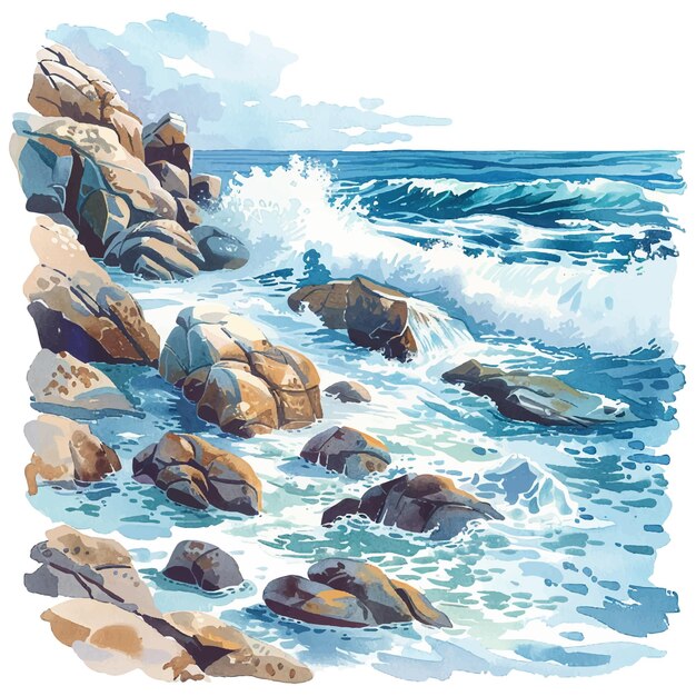 orilla rocosa con olas estrelladas ilustración vectorial en estilo acuarela