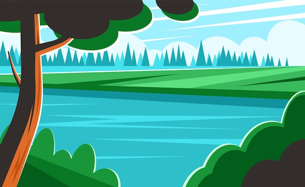Orilla verde del río y cielo azul Río en el bosque Ilustración vectorial