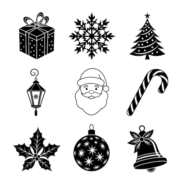 Ornamentaciones navideñas Conjunto de iconos de silueta Ilustración vectorial