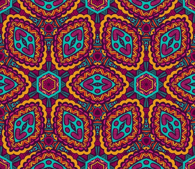 Ornamental abstracto de patrones sin fisuras. Diseño de fondo colorido festivo. Adorno de estampado tribal étnico geométrico