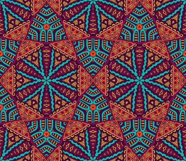 Ornamental abstracto de patrones sin fisuras. Diseño de fondo colorido festivo. Adorno de estampado tribal étnico geométrico