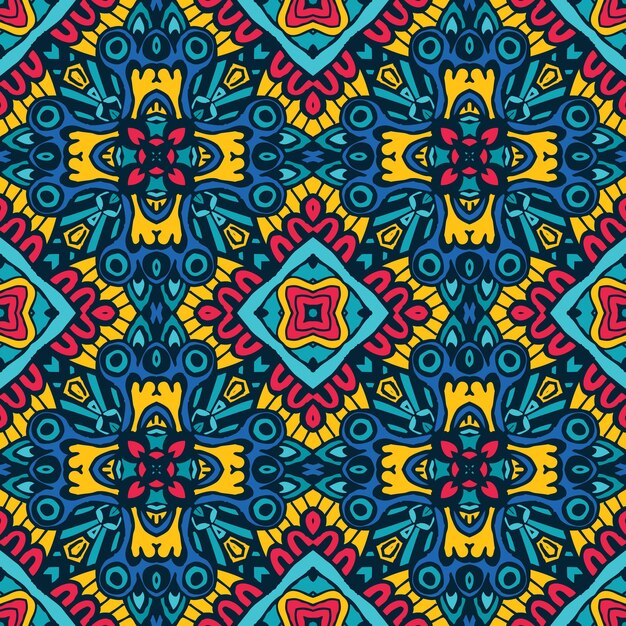 Ornamental del modelo inconsútil abstracto del doodle. Diseño de fondo colorido floral festivo. Adorno de estampado tribal étnico geométrico
