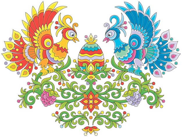 Ornamentar huevos de Pascua y pájaros de fuego entre hojas decorativas flores y bayas