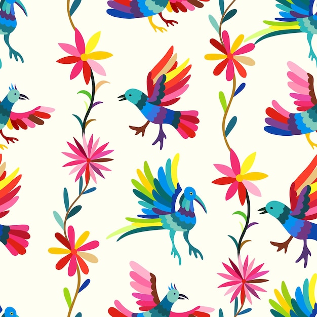 Ornamento bordado étnico mexicano Otomi patrón sin costuras con pájaros y flores sobre fondo blanco