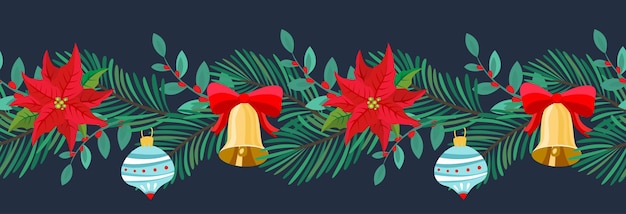 Ornamento de borde sin costuras de Navidad con campanas ramas de abeto poinsettia