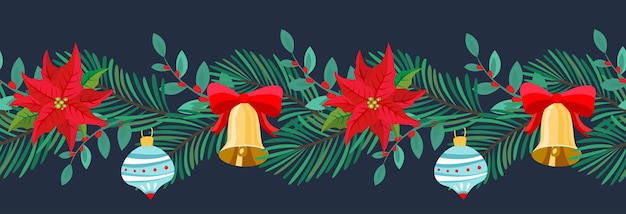 Vector ornamento de borde sin costuras de navidad con campanas ramas de abeto poinsettia