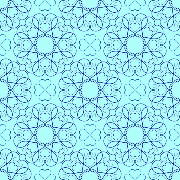 Ornamento sin costuras étnico azul Tonos de diseño de fantasía de azul Encaje fino de remolino Decoración con corazones