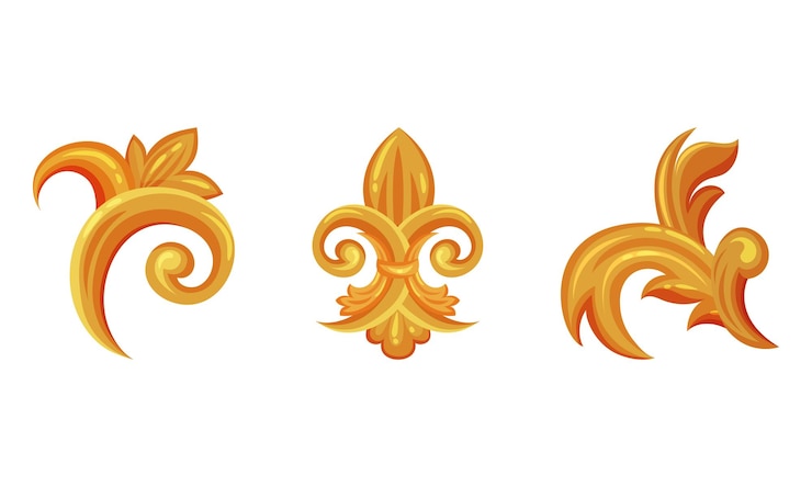Vector ornamento decorativo barroco dorado con conjunto vectorial de curvas florales