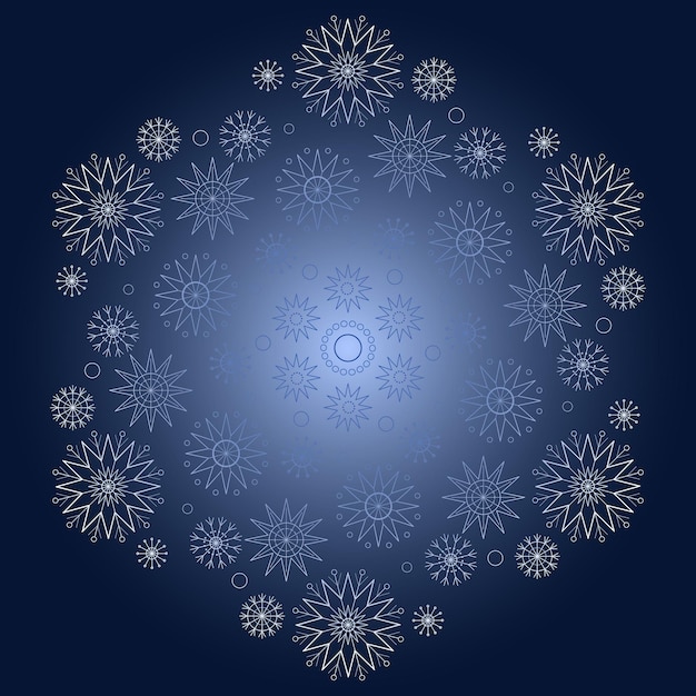 Ornamento de derretimiento mágico de invierno de copos de nieve Nieve blanca sobre fondo azul oscuro Ornamento de Mandala
