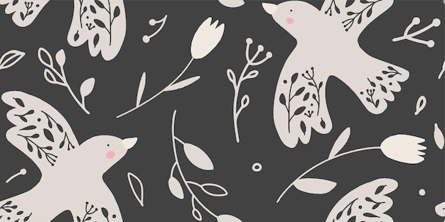 Ornamento dibujado a mano patrón sin costuras con pájaros y elementos florales monocromático abstracto de moda