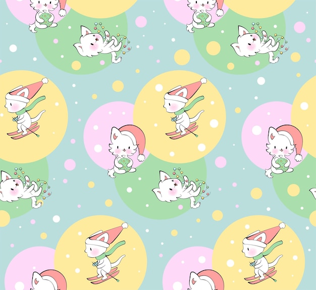 Ornamento sin fisuras con lindos gatitos en estilo kawaii vector patrón feliz navidad gatos