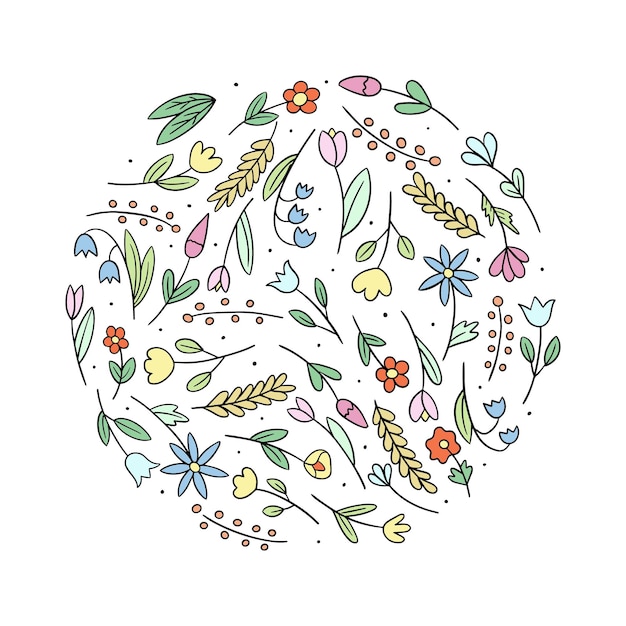 Ornamento floral al estilo de dibujo a mano Patrón de plantas y flores