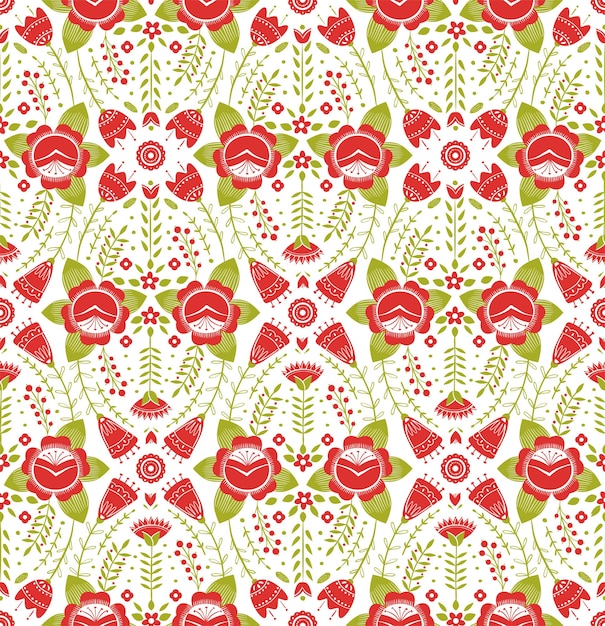 Ornamento floral de arte popular en colores rojo y verde Fondo de vector de patrones sin fisuras simétricos