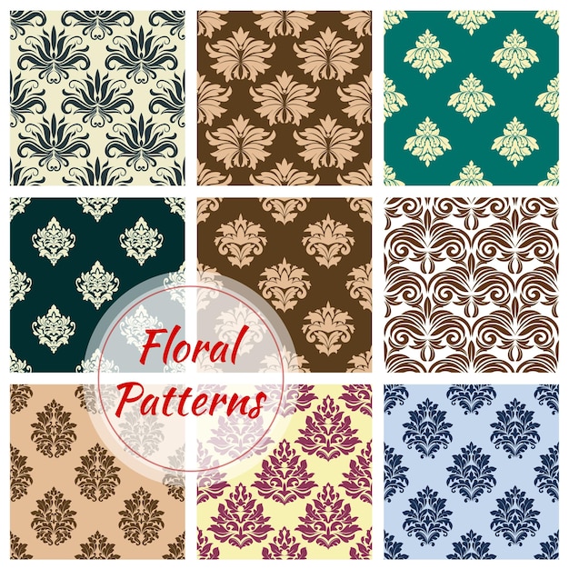 Ornamento floral damasco vector patrones sin fisuras