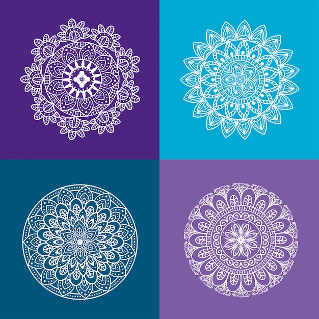 Ornamento floral mandala establece iconos en fondos púrpuras y azules, lujo vintage, decoración ornamental