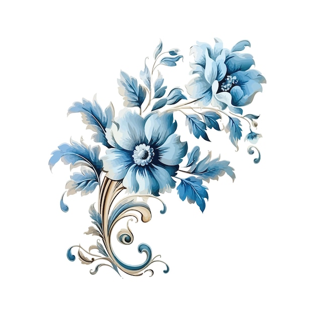 Ornamento de flores azules barroco Diseño de ilustraciones vectoriales