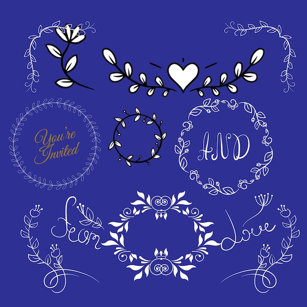 Ornamento de flores dibujado a mano, divisores de texto, flechas y elementos de diseño de laurel