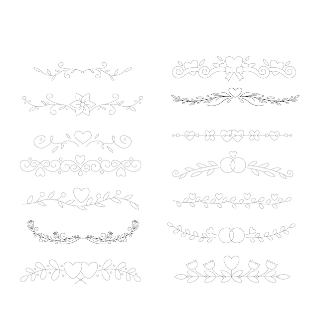 Ornamento de flores dibujado a mano, divisores de texto, flechas y elementos de diseño de laurel