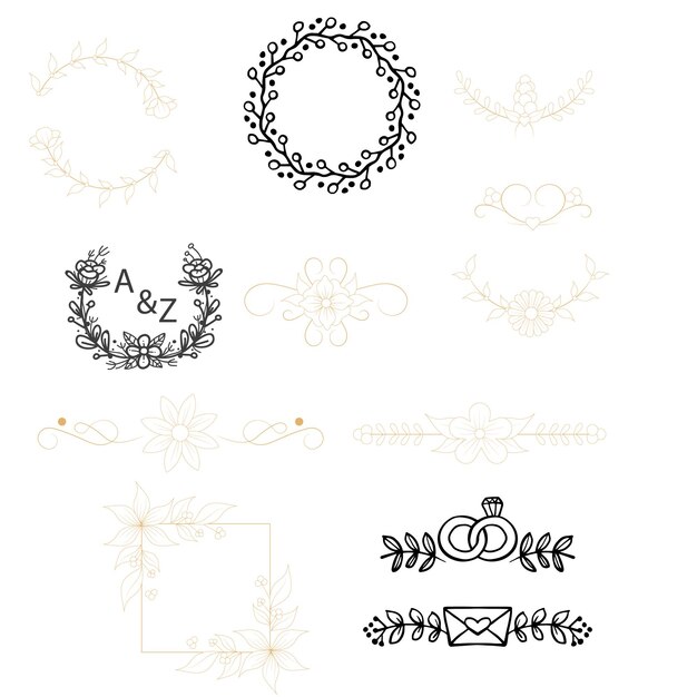 Ornamento de flores dibujado a mano, divisores de texto, flechas y elementos de diseño de laurel