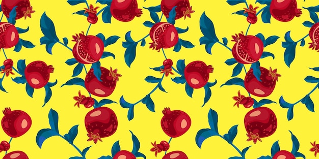 Vector ornamento de frutas de granada con hojas con patrón sin costuras diseño de textiles tropicales