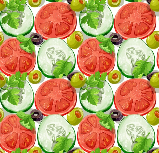 Ornamento inconsútil deliciosas rodajas de pepino tomates aceitunas y hierbas versión grande