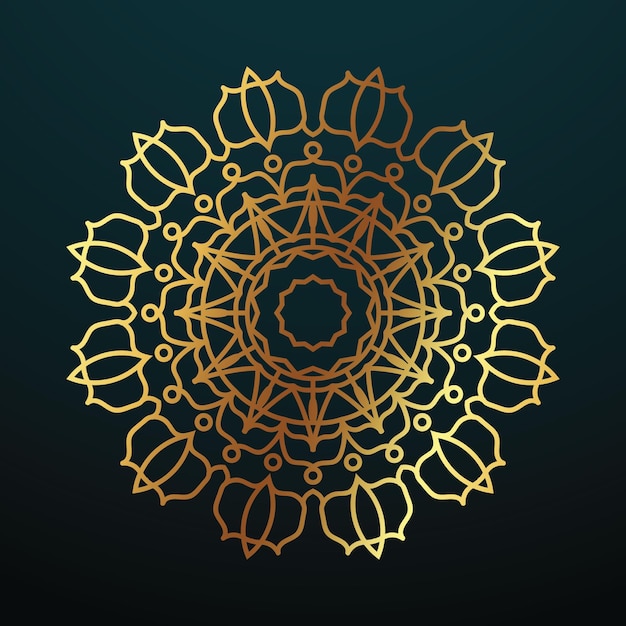 Ornamento de mandala dorado en un fondo oscuro