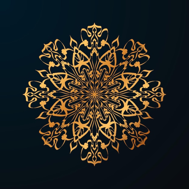 Ornamento de mandala dorado en un fondo oscuro