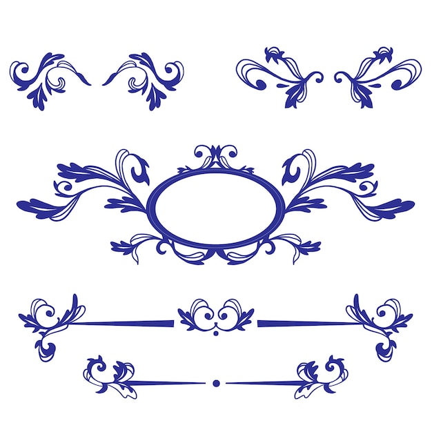 Ornamento de marcos antiguos y elementos de rollo Caligrafía clásica remolinos swashes motivos florales Bueno