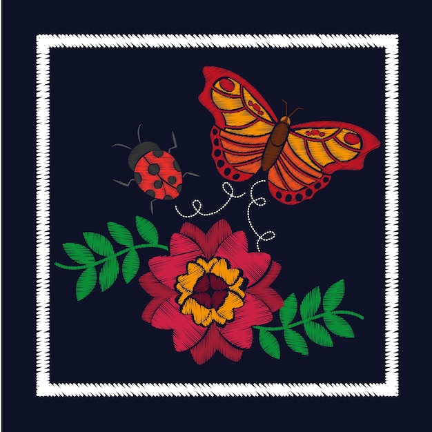 Vector ornamento de la mariquita de la flor y de la mariposa del bordado
