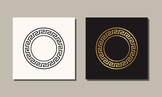 Ornamento de meandro de oro de estilo griego antiguo arte de línea dibujado a mano y vector de diseño de marco redondo de trabajo de punto