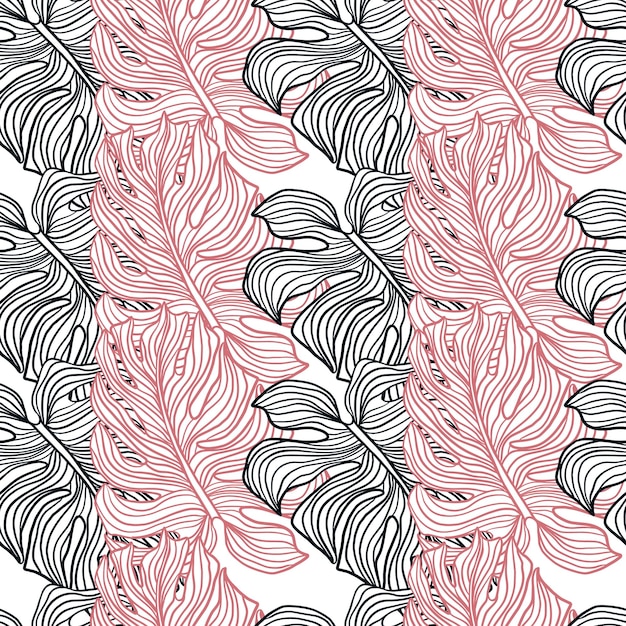 Ornamento de monstera de contorno de color rosa y azul marino. Impresión aislada. Adorno contorneado. Telón de fondo decorativo para diseño de tela, estampado textil, envoltura, cubierta. Ilustración vectorial.