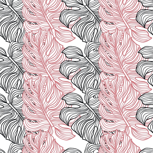 Ornamento de monstera de contorno de color rosa y azul marino. impresión aislada. adorno contorneado. telón de fondo decorativo para diseño de tela, estampado textil, envoltura, cubierta. ilustración vectorial.