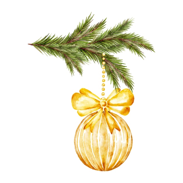 Ornamento navideño de acuarela dorada colgado de una rama de pino sobre un fondo blanco para la temporada navideña