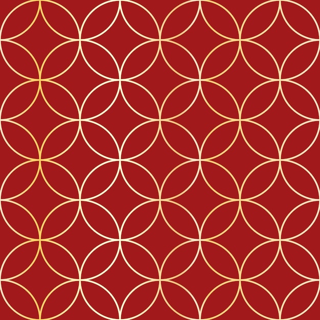 Ornamento de oro asiático geométrico tradicional con patrón sin costura vectorial Círculos de oro sobre fondo rojo