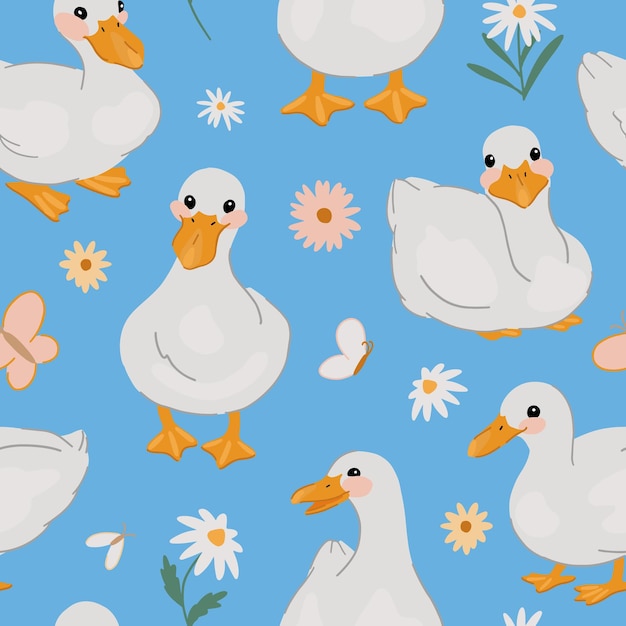 Ornamento de patos lindos, flores e insectos, ganso blanco bonito, patrón sin costuras, diseño vectorial para niños.