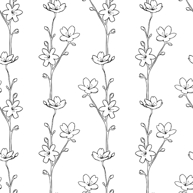 Ornamento ramas con flores y brotes patrón sin costuras de estado de ánimo de primavera y vibración Contorno estilizado