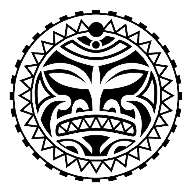 Ornamento de tatuaje redondo con cara de sol estilo maorí aztecas africanos o máscaras étnicas mayas
