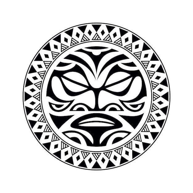 Ornamento de tatuaje redondo con cara de sol estilo maorí aztecas africanos o máscaras étnicas mayas