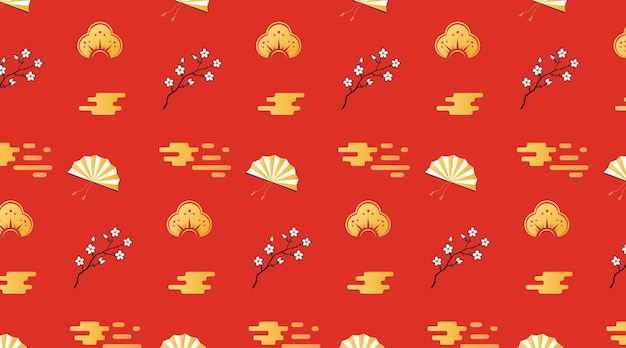 Ornamento tradicional asiático en colores rojo y dorado ventilador de nubes Sakura patrón terminado añadido a sam