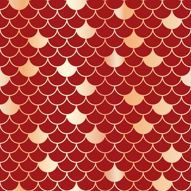 Ornamento tradicional de escamas de pescado de oro asiático geométrico sobre fondo rojo patrón sin costura vectorial