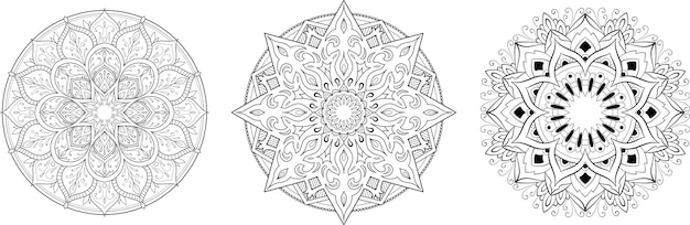 Ornamento de vector en negro sobre fondo blanco. patrón de ornamento redondo. Conjunto de mandala circular sobre fondo azul. Mandala de vector. Mandala con motivos florales. Plantilla de yoga. paquete de mandalas
