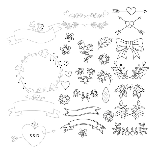 Ornamentos de álbum de bodas dibujados a mano vector negro