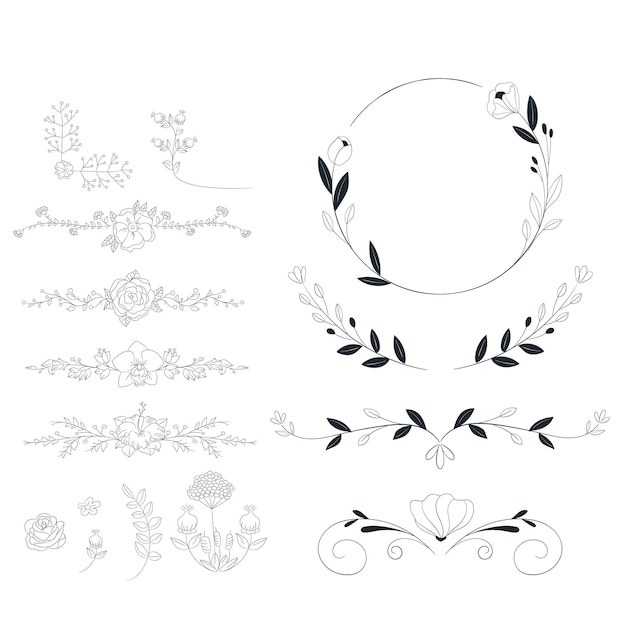 Ornamentos de álbum de bodas dibujados a mano vector negro